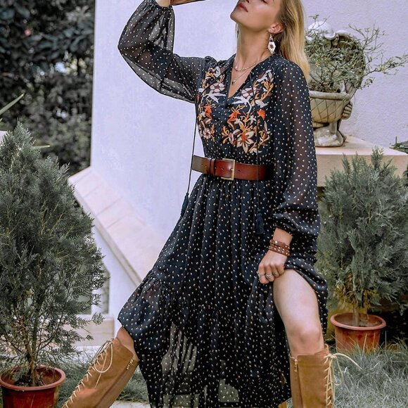 Black Boho Womens Chiffon Polka Dot V-Neck Tie Elegant Dress - Picture 1 of 8